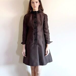 Rare 60s Vintage Julius Garfinckel & Co. Brown Dress with Black Beading